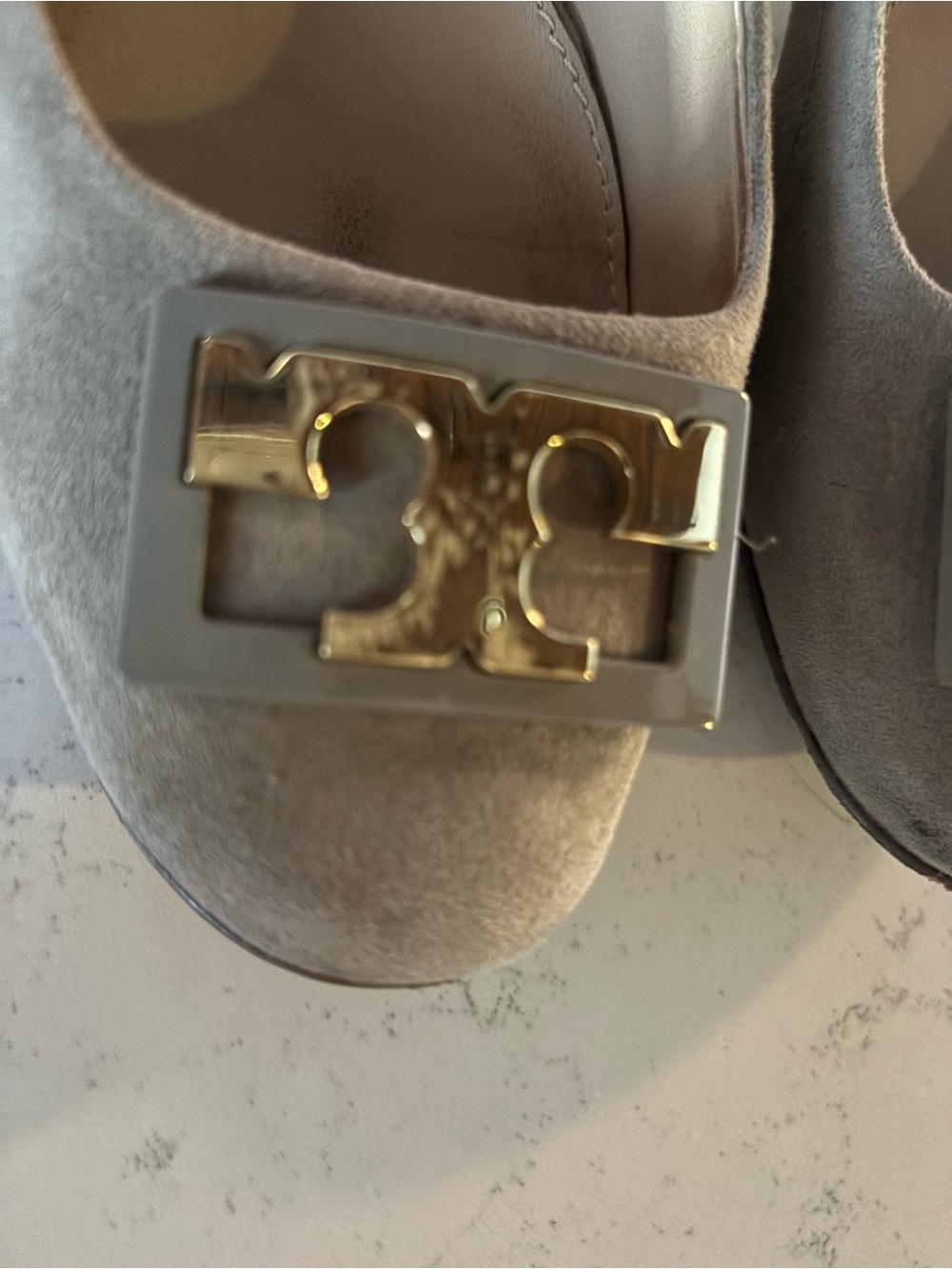 Tory Burch Taupe Suede Logo Flats w/Gold Hardware- Gigi Suede Pump - Picture 2 of 7